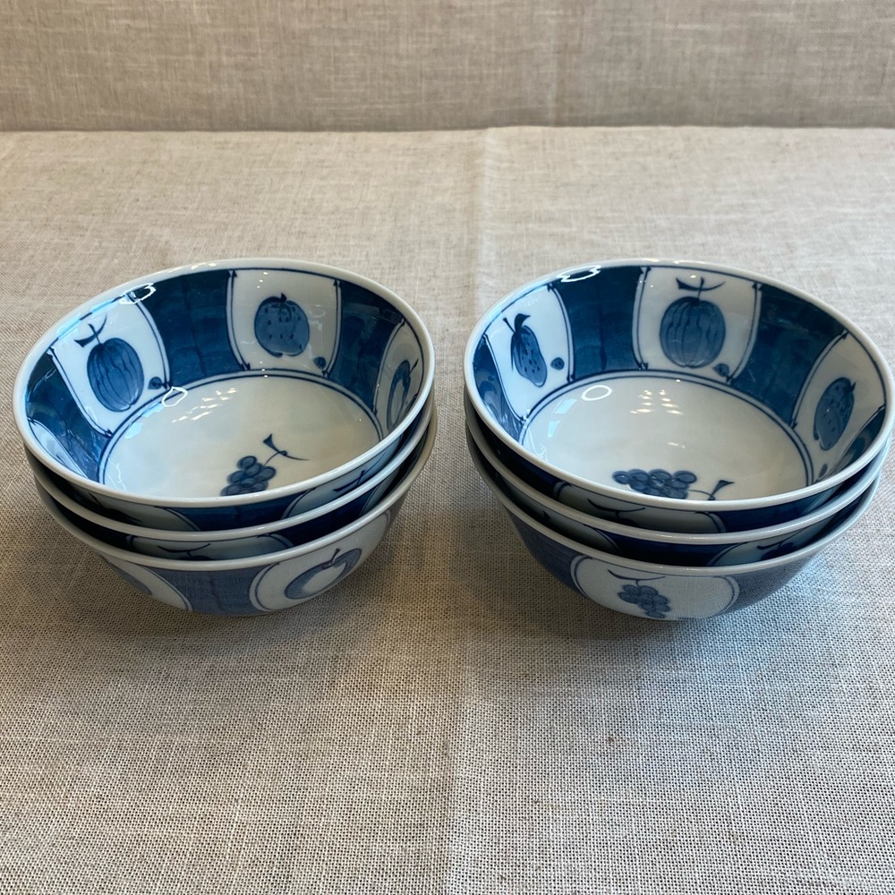 Fruit pattern white and blue rice bowls, set of 6.